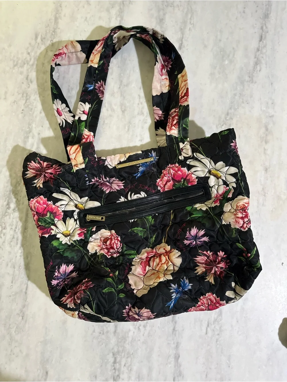 Betsey Johnson Black + Pink Quilted Floral Cute Casual Bucket Bag Tote